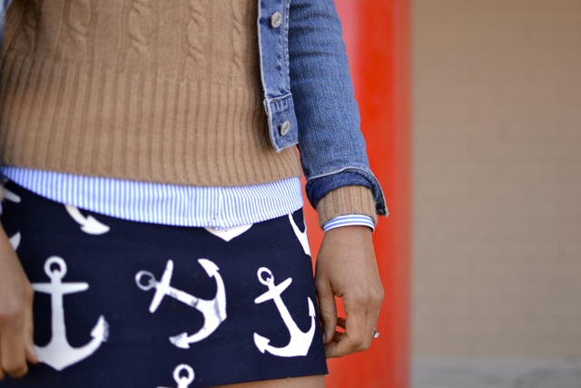 Anchor Skirt + Stripe Shirt + Cable Knit Sweater