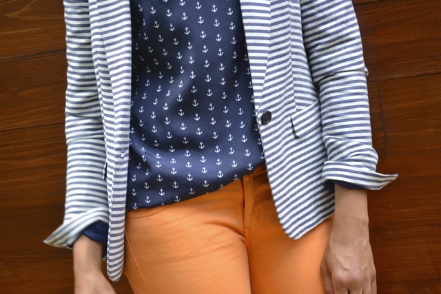 Anchor Print Top + Stripe Blazer + Orange Jeans