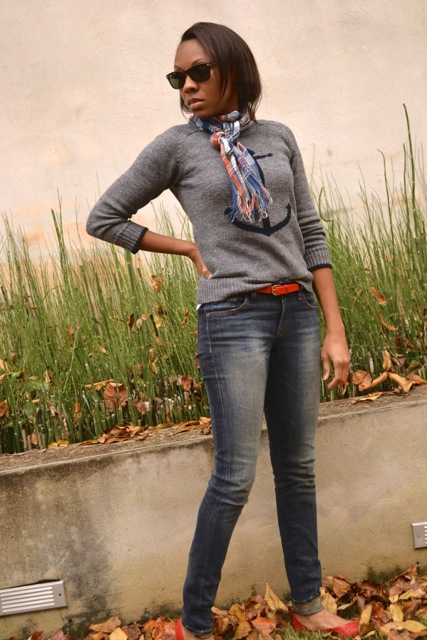 Anchor Sweater + Plaid Scarf + Red Belt and Flats