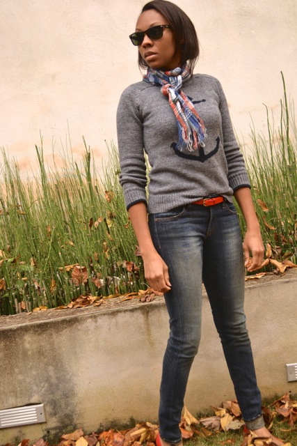 Anchor Sweater + Plaid Scarf + Red Belt and Flats 2