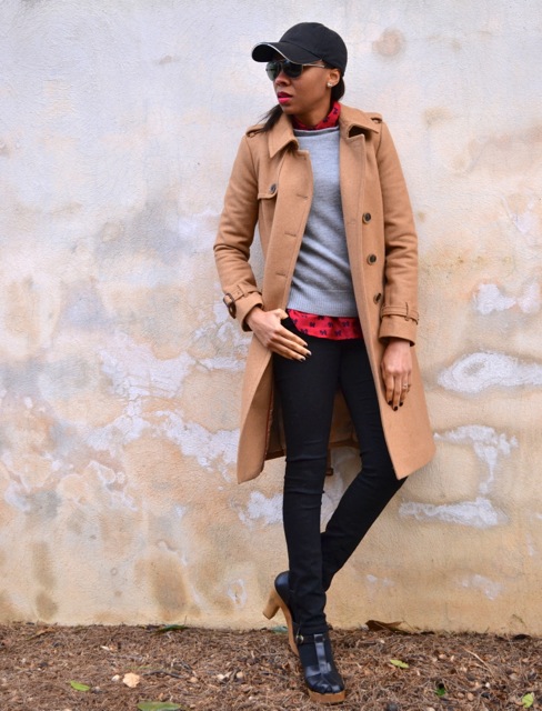 Camel Coat + Gray Sweater + Red Bow Shirt + Black Jeans 2