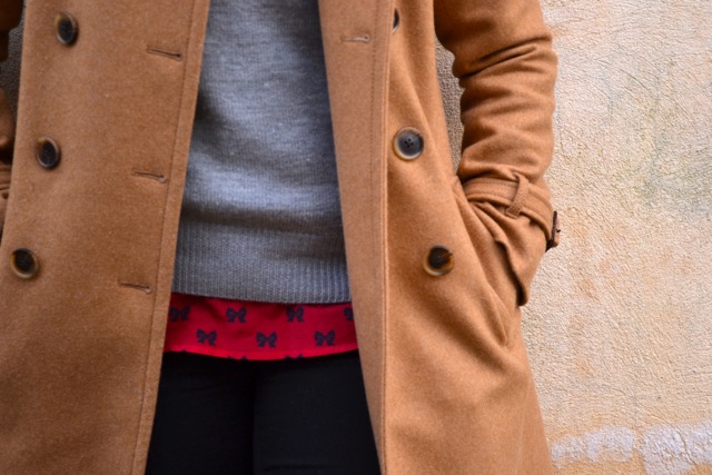 Camel Coat + Gray Sweater + Red Bow Shirt + Black Jeans 