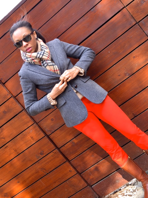 Red Pants + Camel Sweater + Gray Herringbone Blazer + Scarf 3
