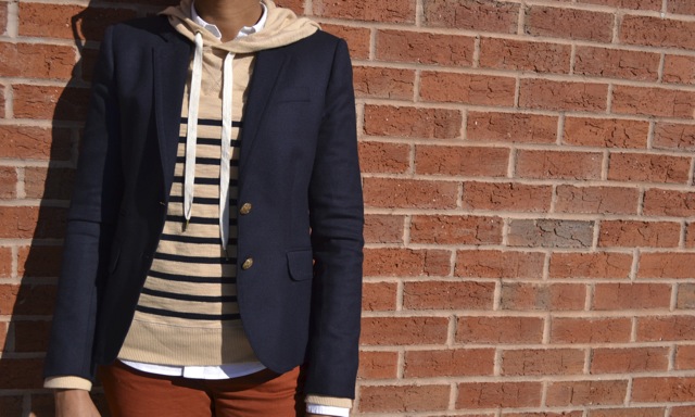 Striped Hooded Sweatshirt + White Shirt + Navy Blazer + Rust Jeans