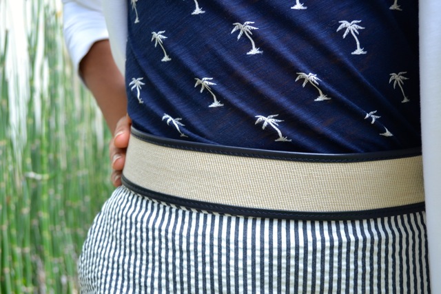 Seersucker Pencil Skirt + Palm Tree Print Tee + Linen Belt + White Blazer 