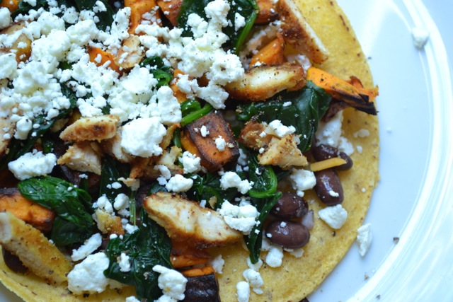 Sweet Potato, Black Bean, Chicken, Spinach, and Goat Cheese Quesadilla 
