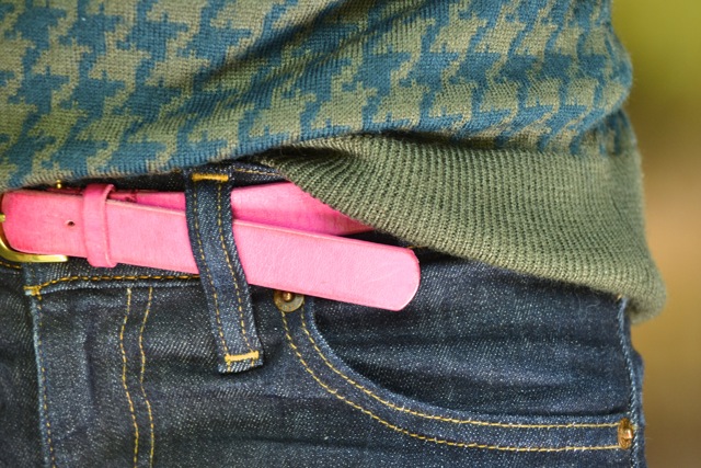 Hunter Green and Olive Houndstooth Sweater + Pink Belt 