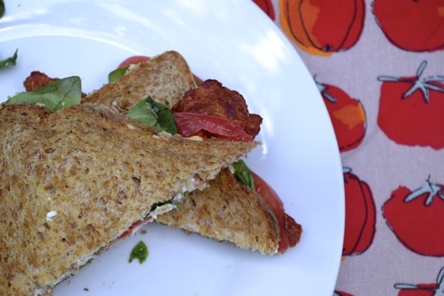 Turkey Bacon, Arugula, and Heirloom Tomato Sandwich on Seven Grain Bread 
