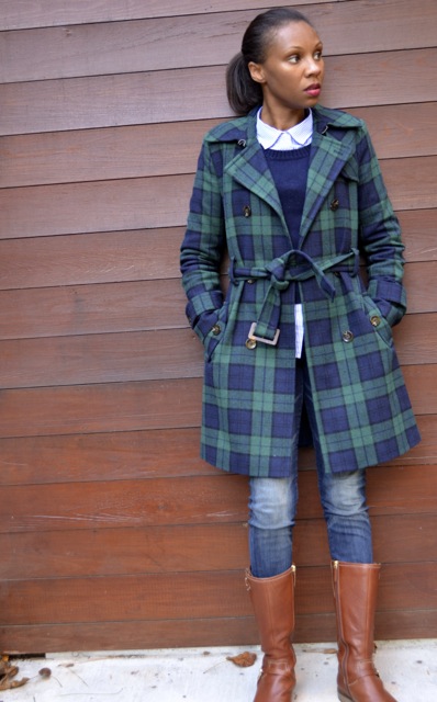 Navy/Green Plaid Coat + Navy Sweater + Striped Shirt + Jeans 3