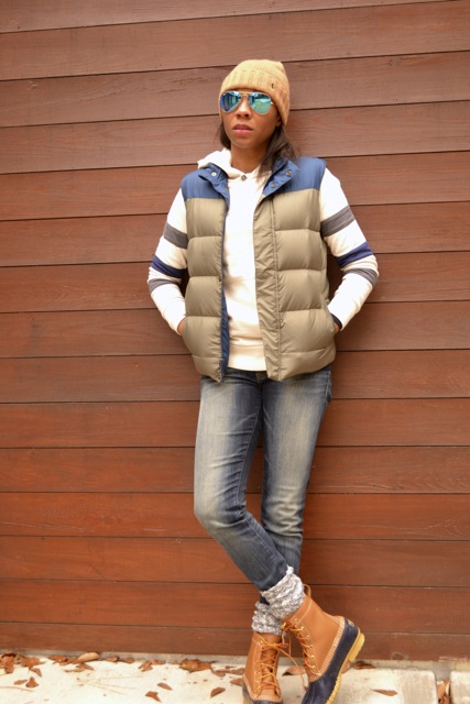Stripe Sleeve Hooded Sweatshirt + Puffer Vest + Bean Boots 3