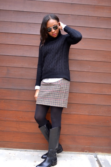 Houndstooth Mini + Cable Knit Sweater + White Button Down Shirt 4