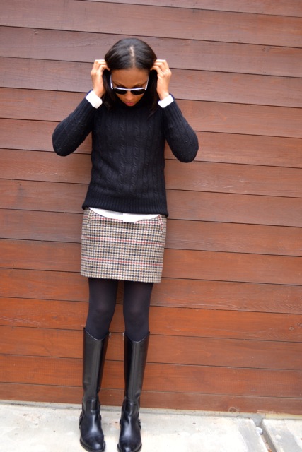 Houndstooth Mini + Cable Knit Sweater + White Button Down Shirt 5