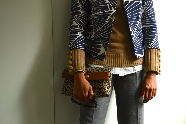 Blue Print Jacket + Camel Sweater + Gray Crop Pants + Leopard Clutch 