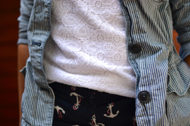 Anchor Print Shorts + Railroad Stripe Jacket + Lace Tee
