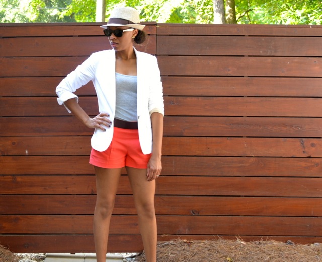Coral Shorts + Leather Belt + Gray Tank + White Blazer 3