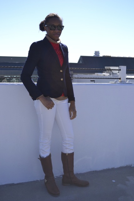 Winter Layers: Cable Knit + Eyelet Shell + Blazer 
