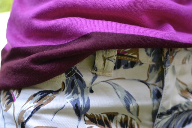 Leaf Print Cutoff Shorts + Pink/Burgundy Stripe Shirt