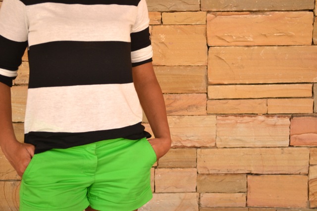 Black/White Striped Shirt + Green Shorts