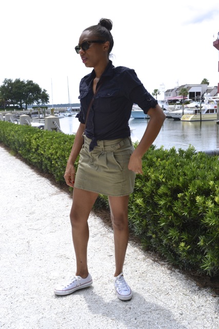 Navy Tied Top + Olive Mini Skirt 2