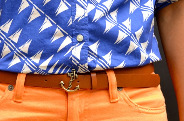 Sailboat Print Shirt + Anchor Buckle Belt + Orange Jeans