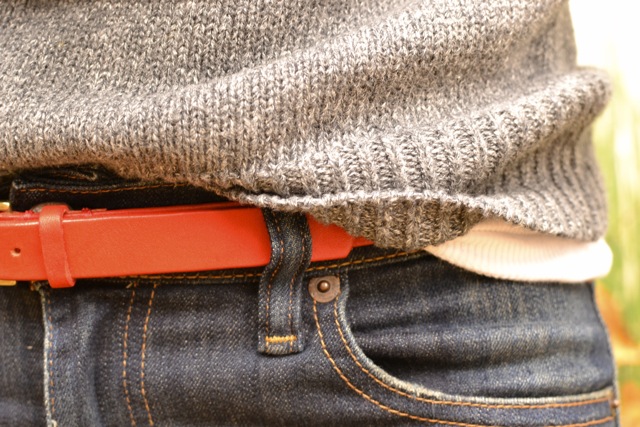 Jeans + Gray Sweater + White Tank + Red Belt