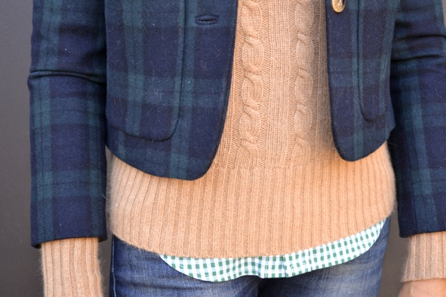 Plaid Jacket + Cable Knit Sweater + Gingham Shirt 