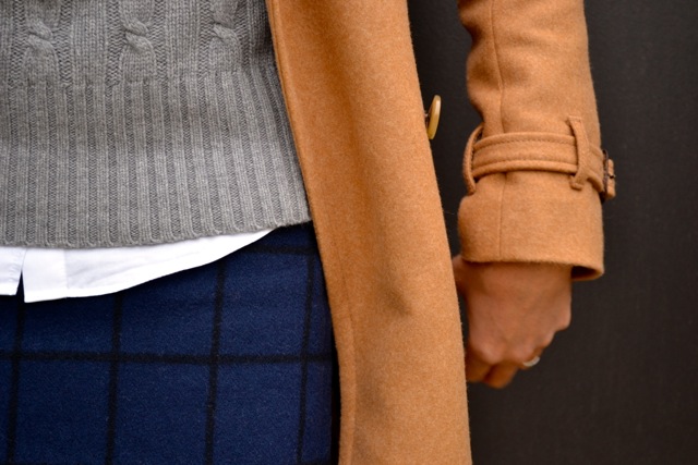 Windowpane Skirt + Cable Knit Sweater + Tights + Camel Coat 2