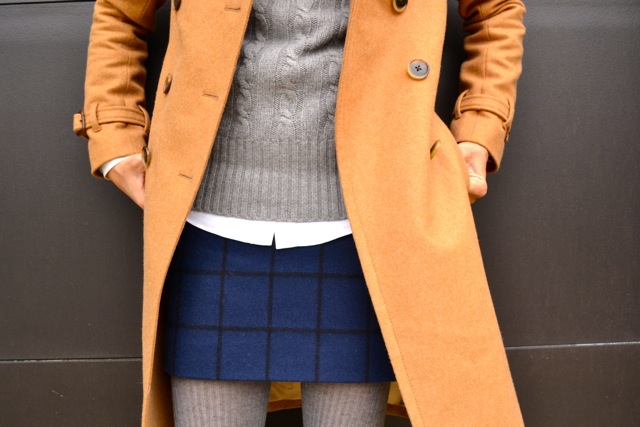 Windowpane Skirt + Cable Knit Sweater + Tights + Camel Coat 