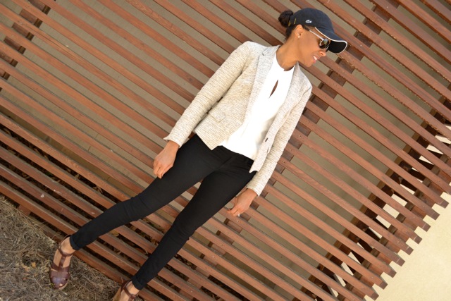 Textured Neutrals: Blazer + White Shirt + Black Jeans + Baseball Cap 