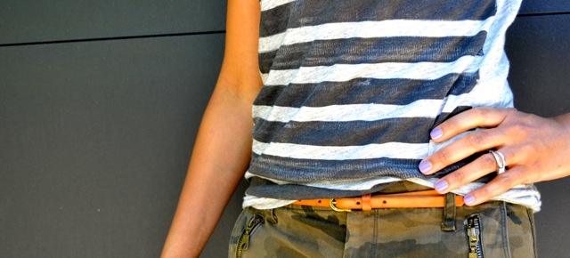 Stripe Tee + Camo Pants + Nude Skinny Belt