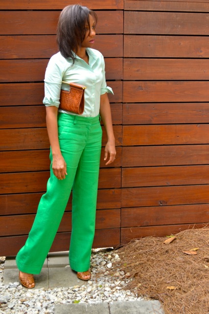 Tonal Greens: Seafoam Shirt + Green Linen Pants + Cognac/Nude Bag and Shoes 