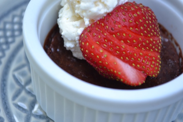 Chocolate Pots de Creme with Whipped Cream and Strawberries 