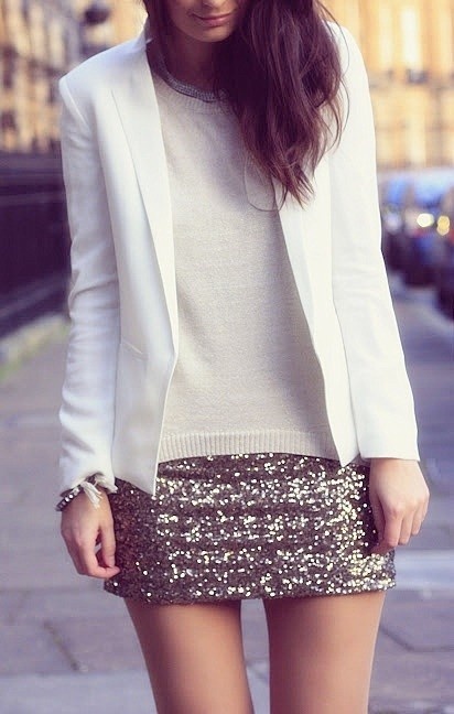 Sequin Skirt + White Blazer