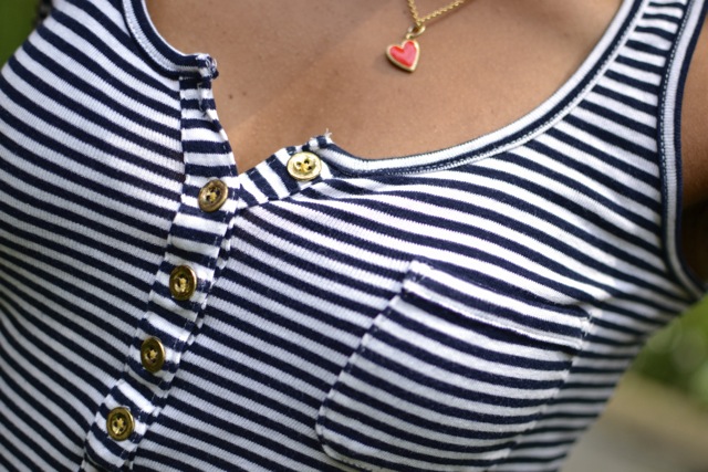 Stripe Tank w/Gold Buttons + Heart Pendant Necklace 