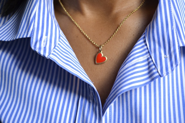Striped Button Down + Heart Pendant Necklace 
