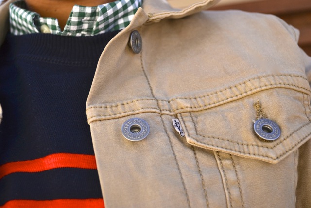 Stripe Sweatshirt + Gingham Shirt + Khaki Denim Jacket 