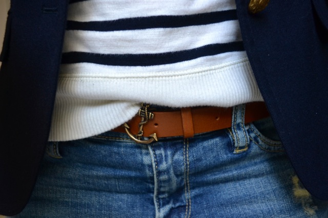 Navy Blazer + Stripe Sweatshirt + Anchor Belt