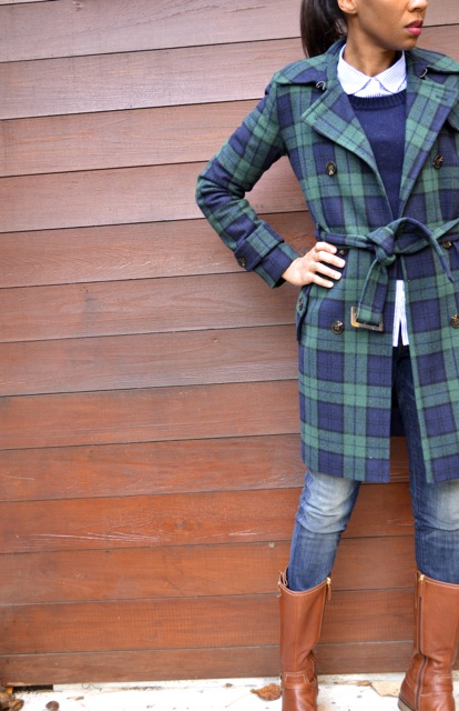 Navy/Green Plaid Coat + Navy Sweater + Striped Shirt + Jeans 2