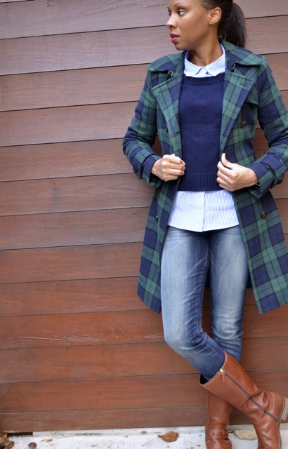 Navy/Green Plaid Coat + Navy Sweater + Striped Shirt + Jeans 