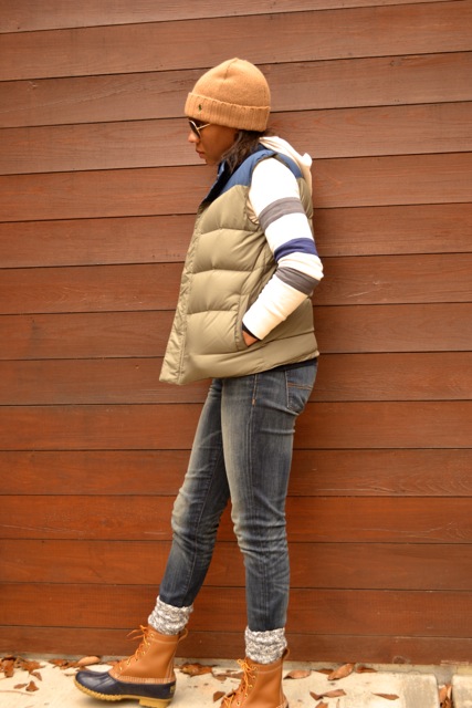Stripe Sleeve Hooded Sweatshirt + Puffer Vest + Bean Boots 4