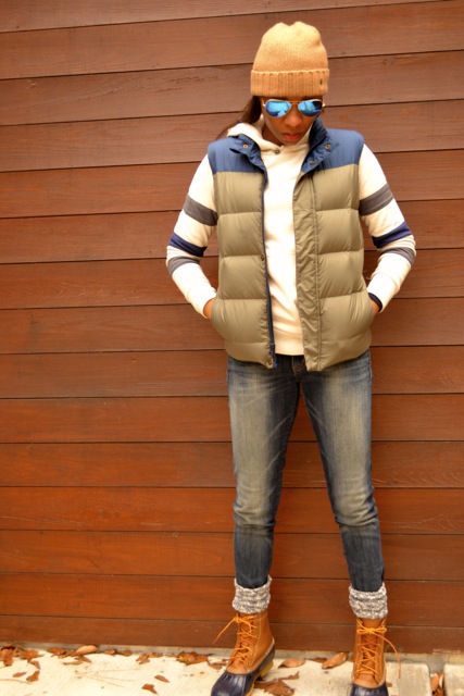 Stripe Sleeve Hooded Sweatshirt + Puffer Vest + Bean Boots 5
