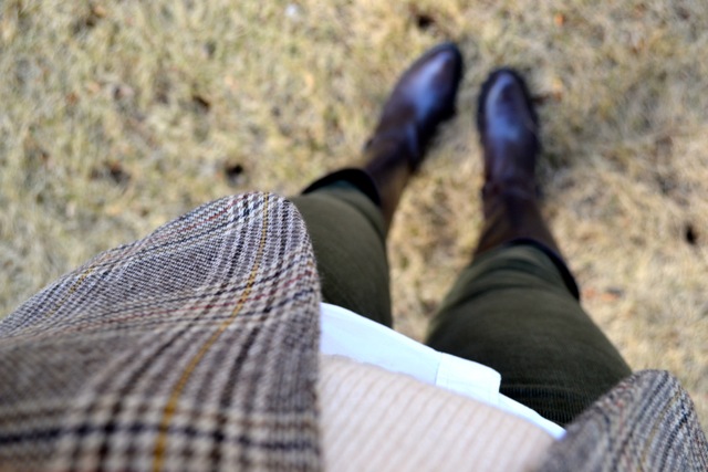 Glen Plaid Blazer + Cream Crop Sweater + Olive Corduroy Pants + Riding Boots 